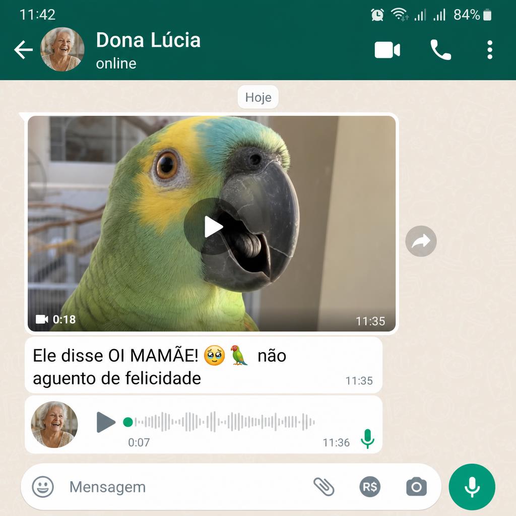 Dona Lúcia enviando vídeo do papagaio dizendo Oi Mamãe